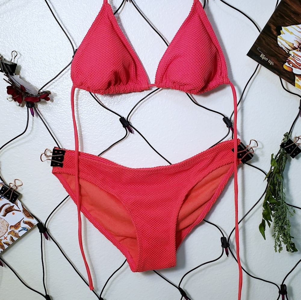 No Boundaries Neon Coral Fishnet Bikini Swimsuit
